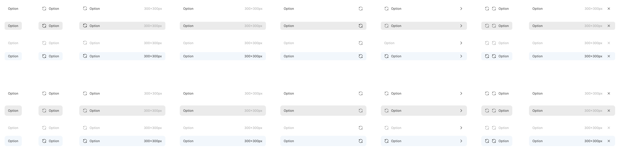 Menu item variants: text only, with an icon, with dimensions and with a trailing action, in default, hover, disabled and selected states