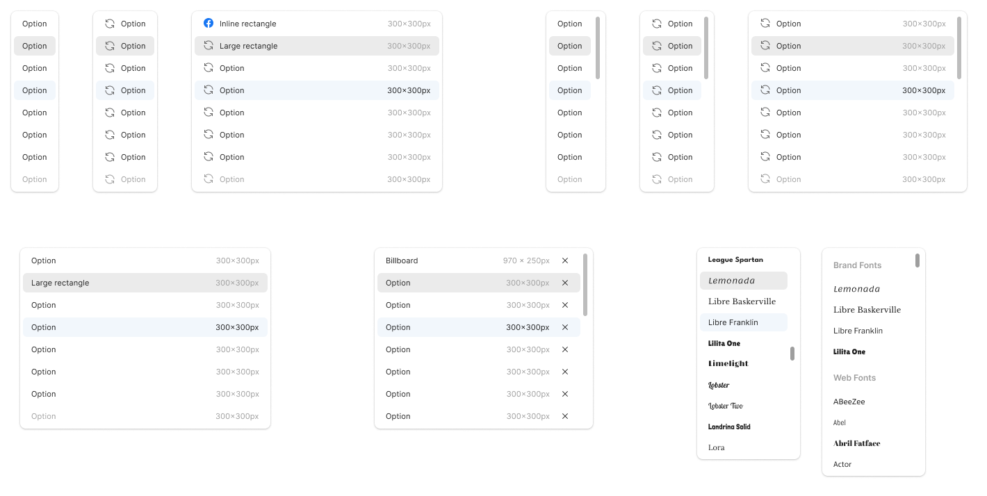 The menus that open from the selector: plain options, options with icons, ad sizes with their dimensions, removable items, and font lists for brand and web fonts