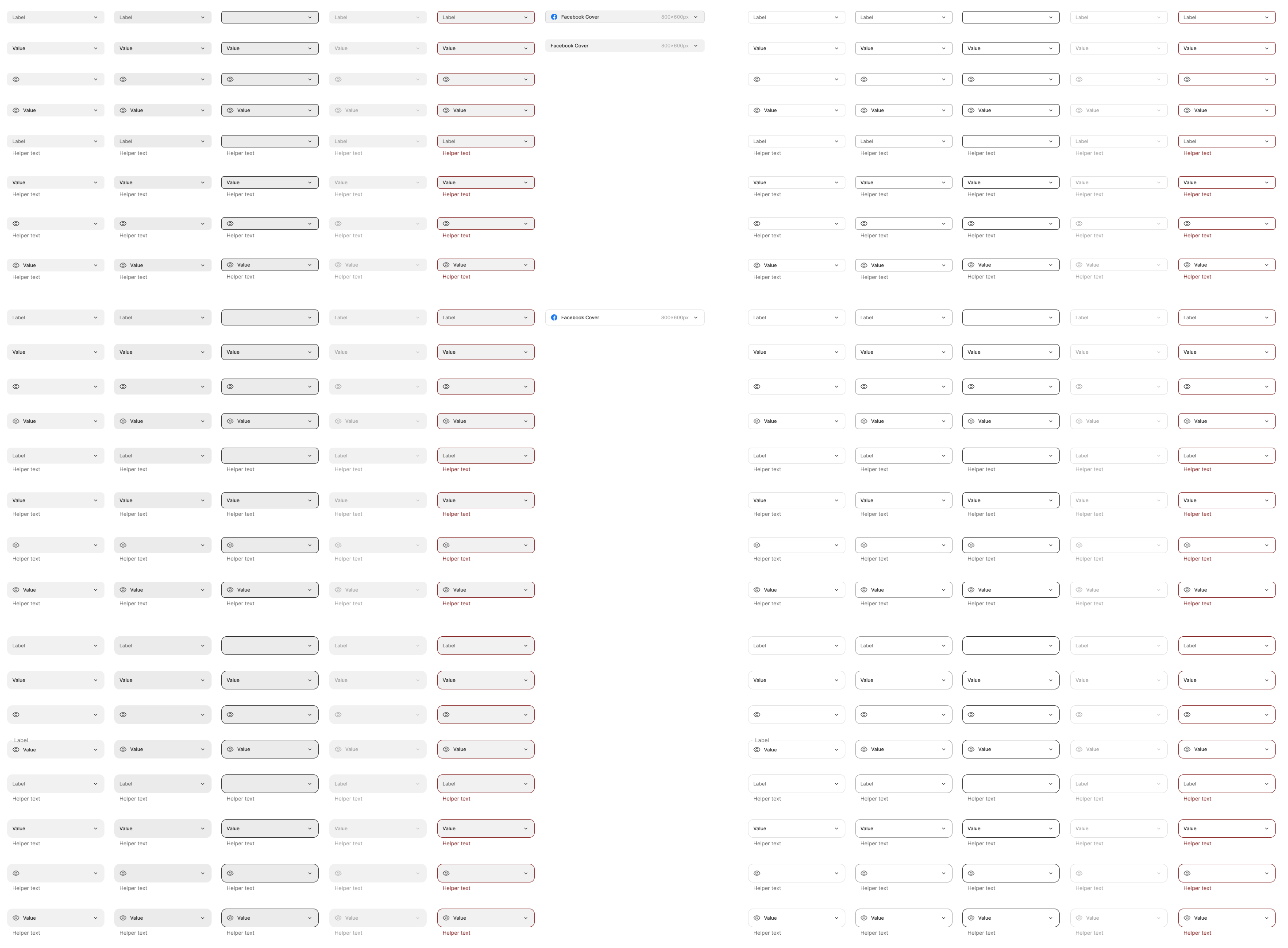 The selector field in all its variants: filled and outlined, in default, hover, focus, disabled and error states, with and without an icon, value or helper text, in three size groups